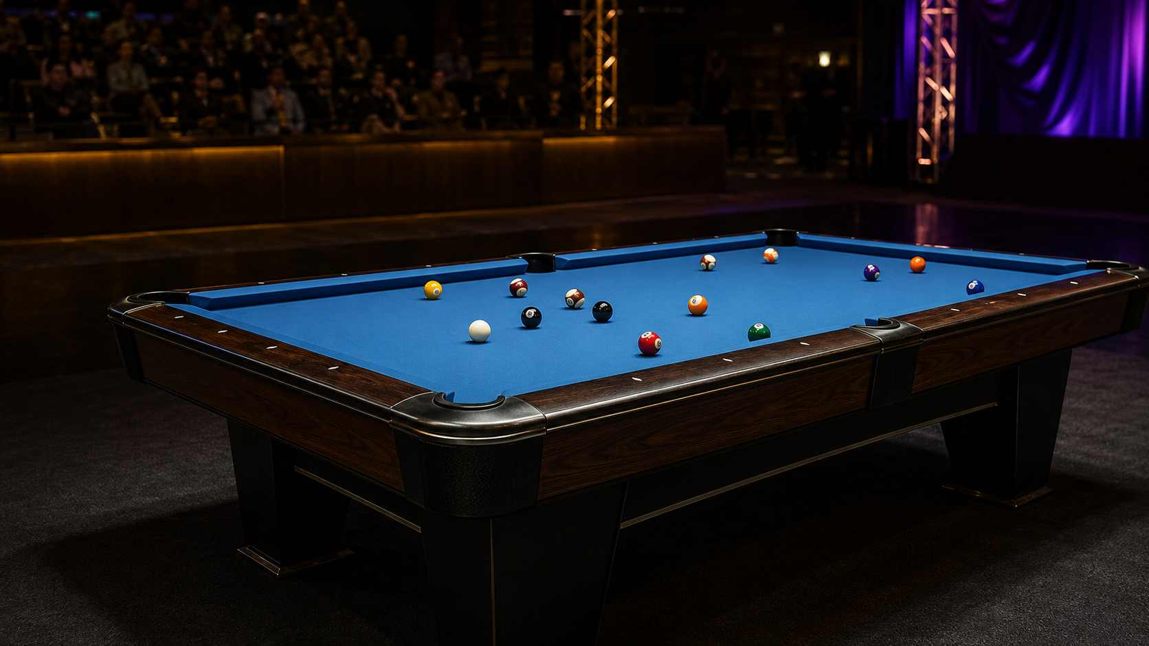 Real professional blue-cloth pool table with regulation billiard balls in a Las Vegas tournament arena